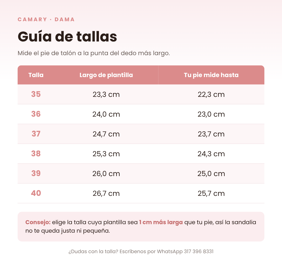 Guía de tallas Camary